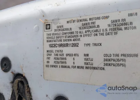 1999 Chevrolet C1500 Ls from USA, damaged, VIN 1GCEC19R9XR112662